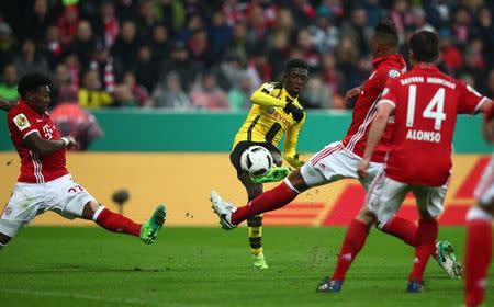 Soccer Football - Bayern Munich v Borussia Dortmund - DFB Pokal Semi Final - Allianz Arena, Munich, Germany - 26/4/17 Borussia Dortmund's Ousmane Dembele scores their third goal Reuters / Michael Dalder Livepic