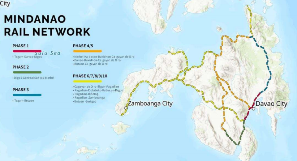 菲律賓宣布撤回向北京提出的民答那峨鐵路一期工程830 億比索官方發展援助的請求，圖紅色部分為民答那峨鐵道計畫第一階段工程。   圖：取自維基百科　Public Domai