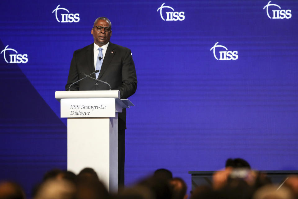 U.S. Defense Secretary Lloyd Austin speaks during a plenary session at the 19th International Institute for Strategic Studies (IISS) Shangri-la Dialogue, Asia's annual defense and security forum, in Singapore, Saturday, June 11, 2022. (AP Photo/Danial Hakim)