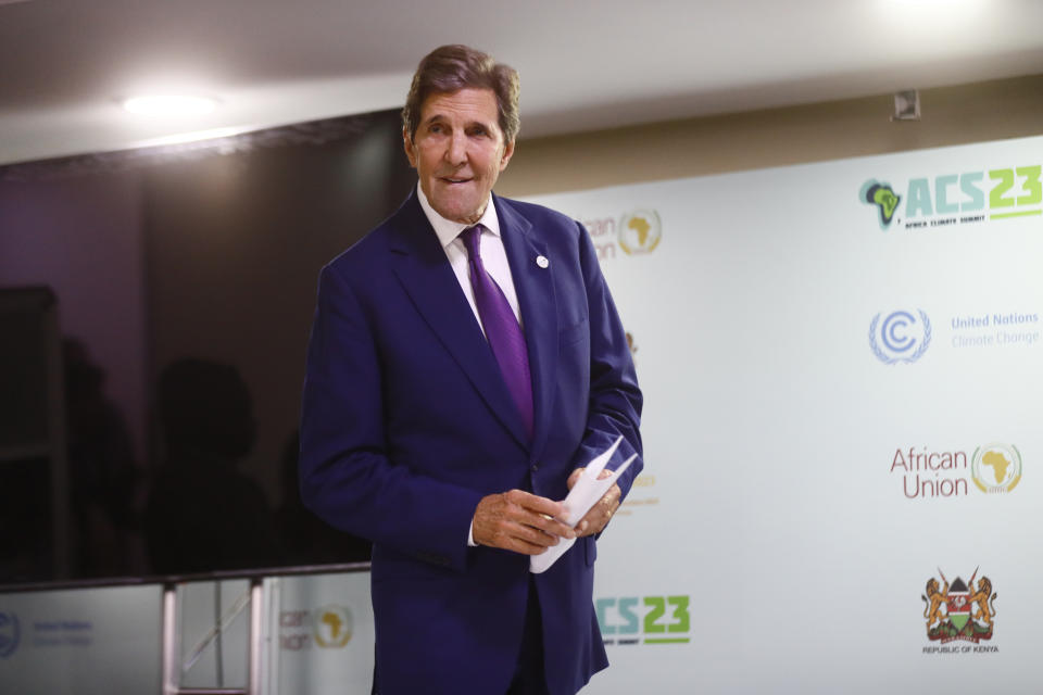 U.S. government’s climate envoy, John Kerry, smiles during a press availability at the Africa Climate Summit in Nairobi, Kenya Tuesday, Sept. 5, 2023. John Kerry acknowledged the "acute, unfair debt." He also said 17 of the world's 20 countries most impacted by climate change are in Africa, while the world's 20 richest nations, including his own, produce 80% of the world's carbon emissions that are driving climate change. (AP Photo/Brian Inganga)