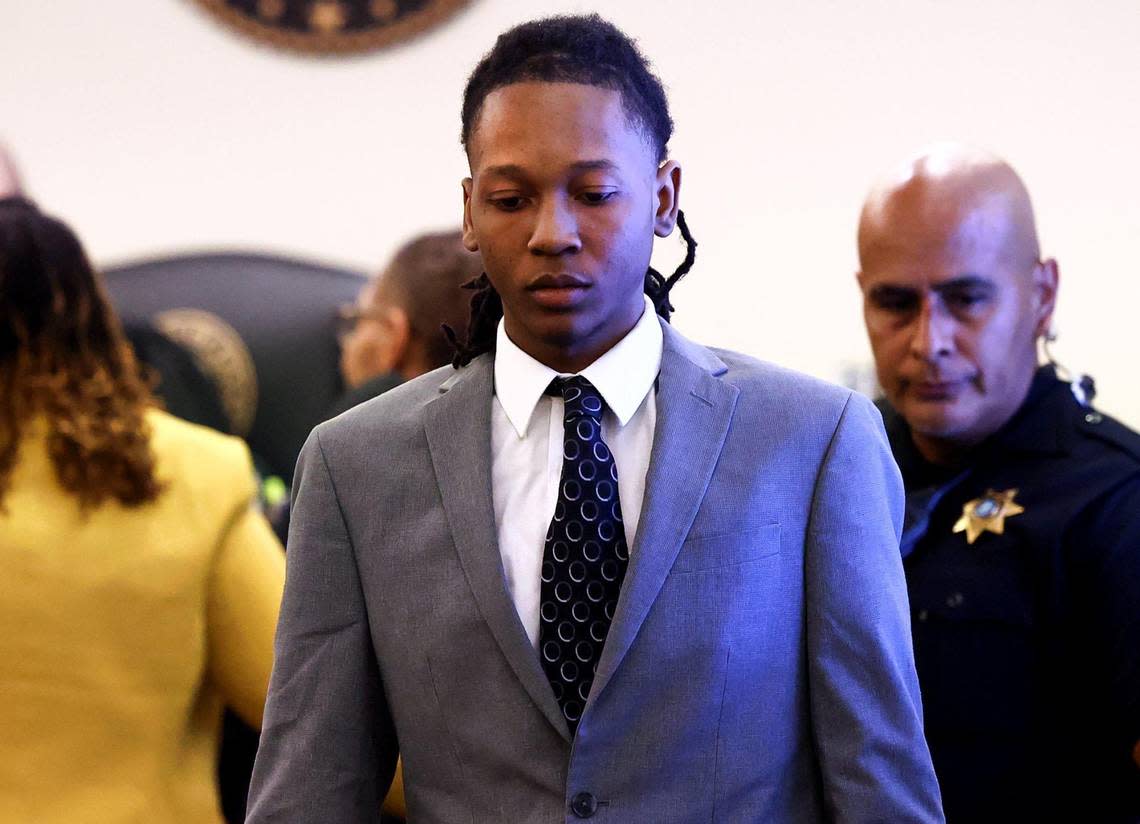 Timothy Simpkins, 19, enters the courtroom for the first day of his attempted capital murder trial held in the 371st District Court on Monday in Fort Worth. Simpkins is accused of shooting three people in October 2021 at Mansfield Timberview High School in Arlington. Amanda McCoy/amccoy@star-telegram.com