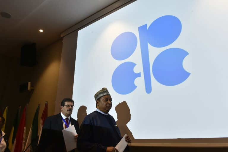 Secretary General of OPEC, Nigeria's Mohammed Barkindo (R), arrives for a press conference following an informal meeting between OPEC members in the Algerian capital Algiers on September 28, 2016