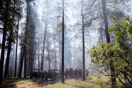 Firefighters gather during a controlled burn north of Gallina