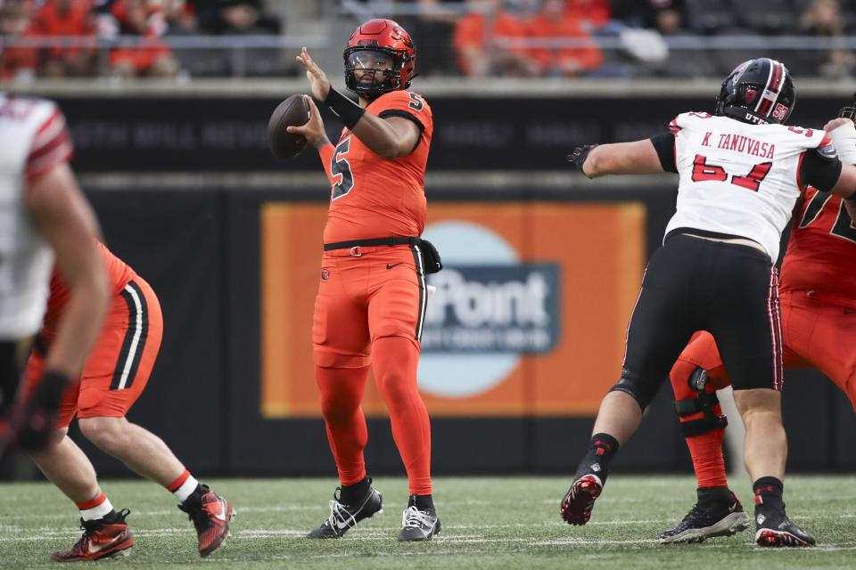 Oregon State quarterback DJ Uiagalelei drops back to pass against Utah during game Friday, Sept. 29, 2023, in Corvallis, Ore.