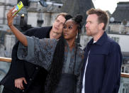 <p>Hayden Christensen, Moses Ingram and Ewan McGregor snap a selfie at the <em>Obi-Wan Kenobi</em> photocall at Corinthia Hotel London on May 12.</p>