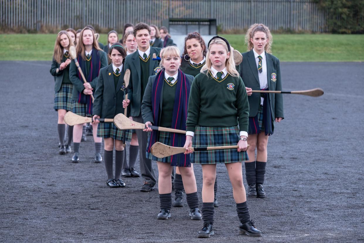 Erin (Saoirse-Monica Jackson), Clare (Nicola Coughlan), Michelle (Jamie-Lee O'Donnell), Orla (Louisa Harland) and James (Dylan Llewellyn) in Season 2 of "Derry Girls."