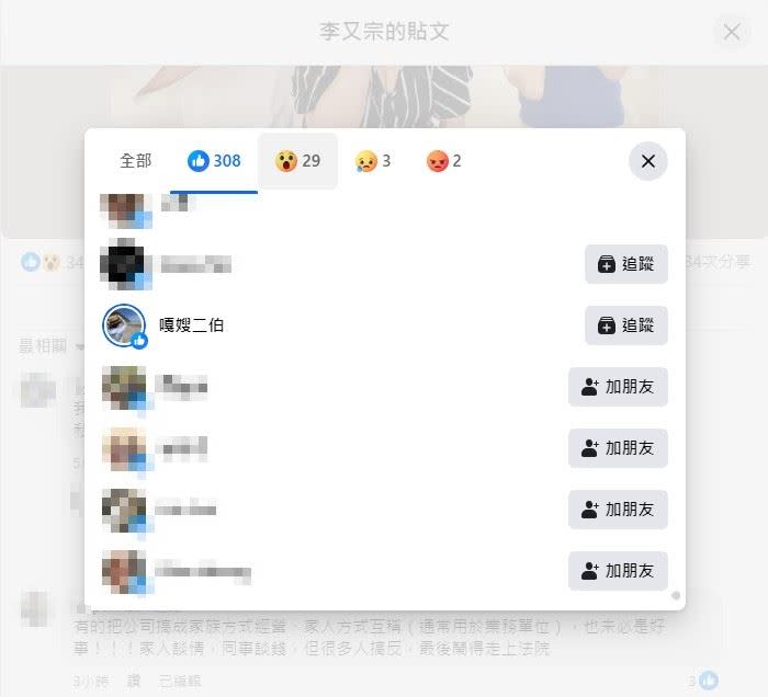 該篇貼文的按讚者，二伯也悄悄出現在名單內。（圖／翻攝自李又宗臉書）