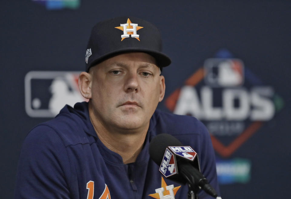 Houston Astros manager AJ Hinch answers a question during a news conference Sunday, Oct. 6, 2019, in St. Petersburg, Fla. The Astros take on the Tampa Bay Rays in Game 3 of a baseball American League Division Series on Monday. (AP Photo/Chris O'Meara)