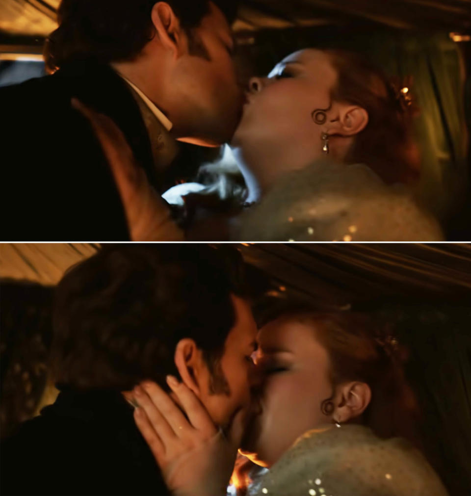 A close-up of Colin and Penelope kissing in a carriage