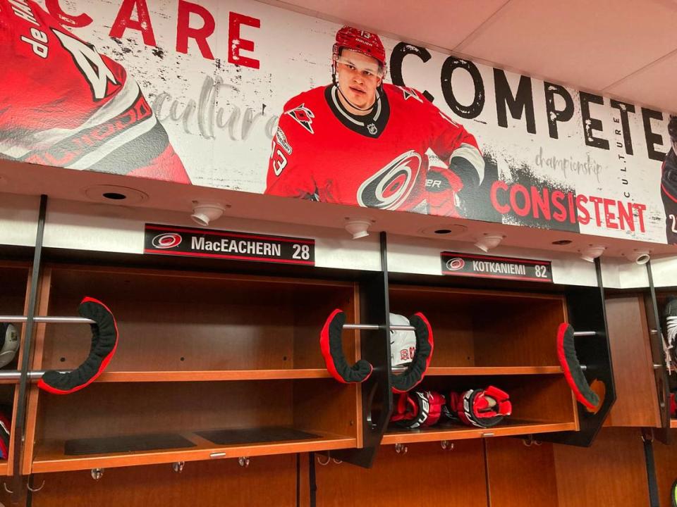 Carolina Hurricanes forward Mackenzie MacEachern has been given the PNC Arena locker stall used by Andrei Svechnikov, who is out with a knee injury.