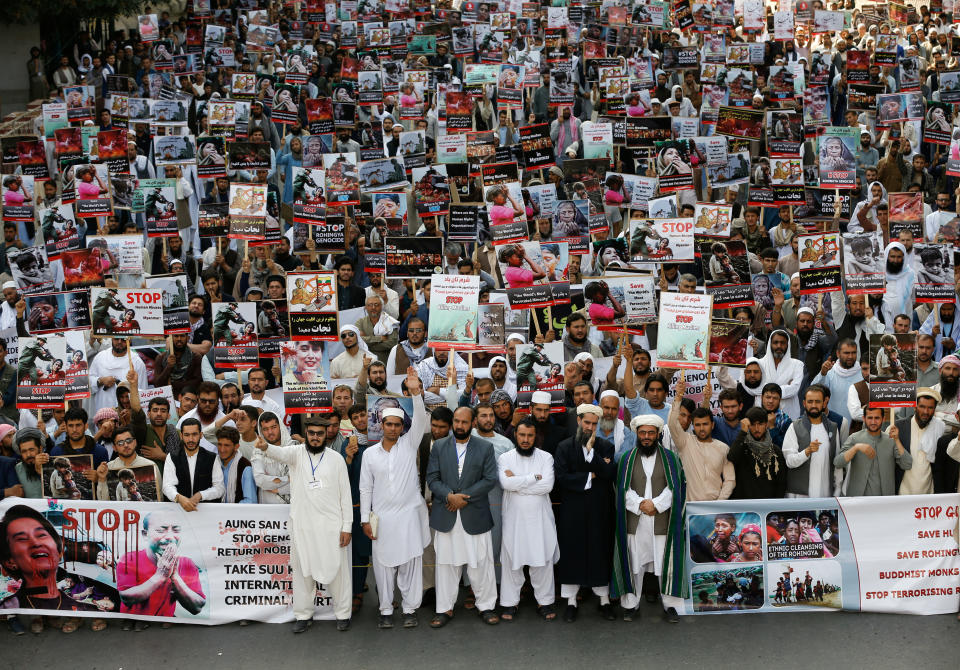 <p>Afghan Muslim protesters shout slogans during the Muslims’ protest against the persecution of Rohingya Muslim minority in Myanmar, in Kabul, Afghanistan, Sept. 8, 2017. (Photo: Omar Sobhani/Reuters) </p>