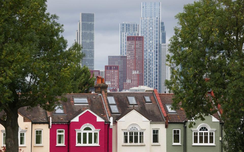 Residential homes in view of the city skyline at Denmark Hill, London