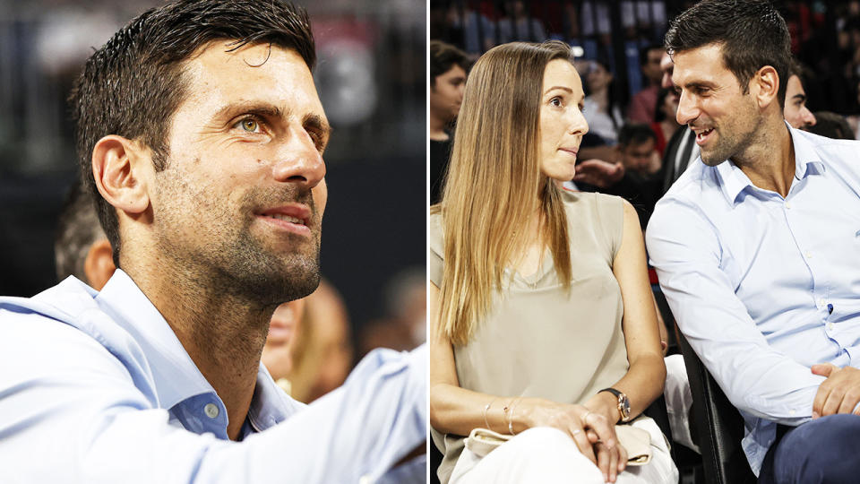 Novak Djokovic, pictured here with wife Jelena at a basketball game in Serbia.