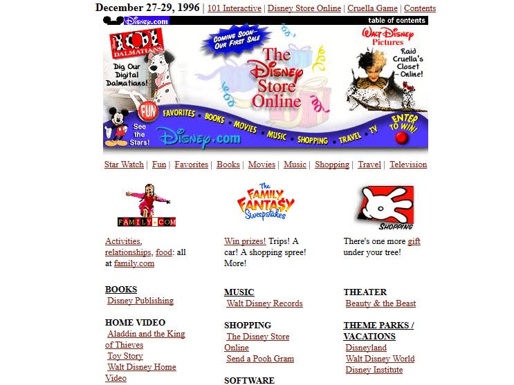 a blue wave and icons on The Disney Store's website in 1996