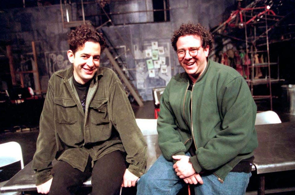 Jonathan Larson, left, with the director Michael Greif before the final dress rehearsal of Larson's breakthrough show "Rent" in New York, Jan. 24, 1996.