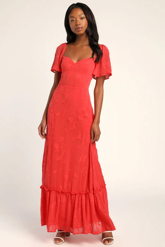 Tailor Made For You Coral Jacquard Lace-Up Maxi Dress. Image via Lulus.