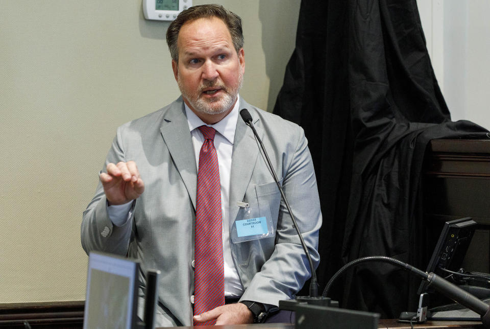 Mike Sutton, forensic engineer with the North Carolina-based Accident Research Specialists, testifies during the Alex Murdaugh trial at the Colleton County Courthouse in Walterboro, S.C., on Tuesday, Feb. 21, 2023. The 54-year-old attorney is standing trial on two counts of murder in the shootings of his wife and son at their Colleton County, S.C., home and hunting lodge on June 7, 2021. (Grace Beahm Alford/The Post And Courier via AP, Pool)