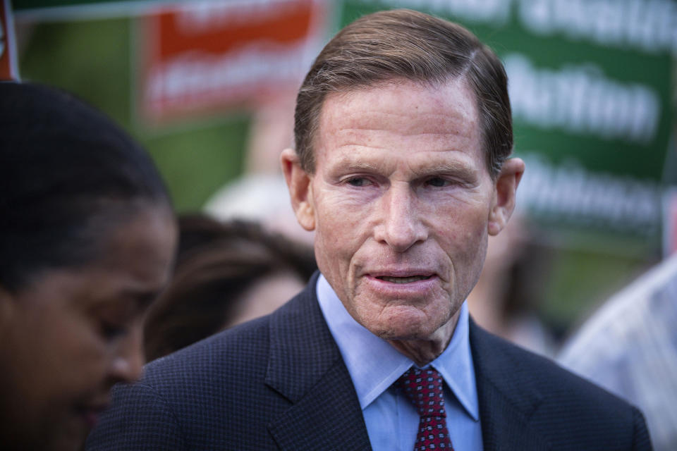 FILE — Sen. Richard Blumenthal, D-Conn., speaks to residents at the end of a vigil to stand in solidarity with the Uvalde, Texas, May 26, 2022, in Newtown, Conn. (AP Photo/Eduardo Munoz Alvarez, File)
