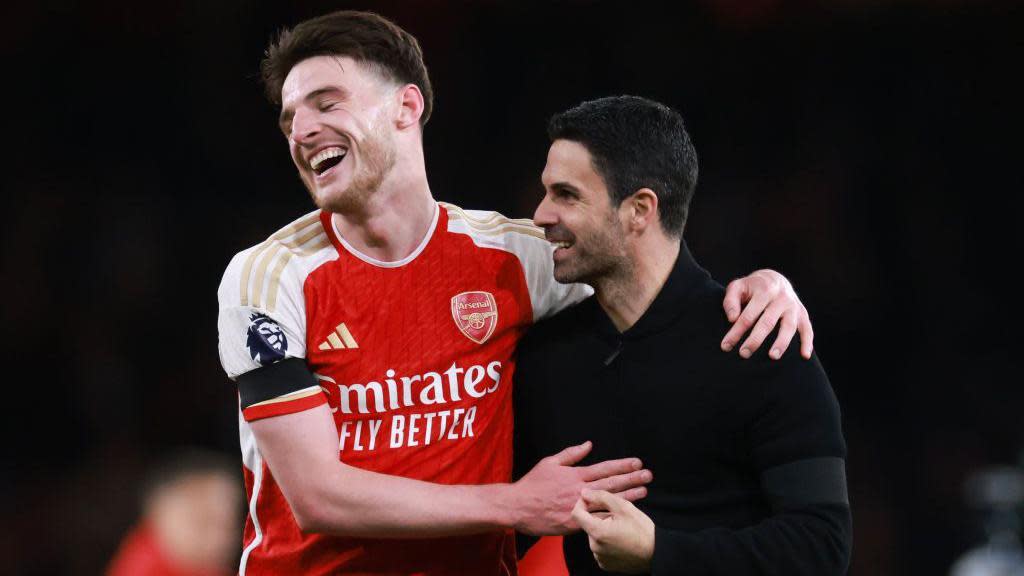 Declan Rice and Mikel Arteta celebrate win