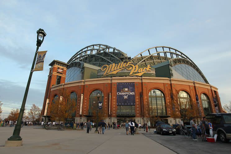 MILWAUKEE, WI - OCTOBER 10: An exteriot general view of fans entering the stadium to watch the Milwaukee Brewers play against the St. Louis Cardinals during Game Two of the National League Championship Series at Miller Park on October 10, 2011 in Milwaukee, Wisconsin. (Photo by Christian Petersen/Getty Images)