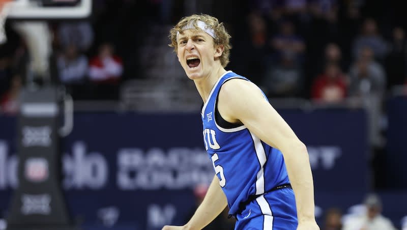 Brigham Young Cougars guard Richie Saunders (15) yells at the ref against Texas Tech during the Big 12 conference championship in Kansas City, Mo., on Thursday, March 14, 2024. Texas Tech won 81-67.