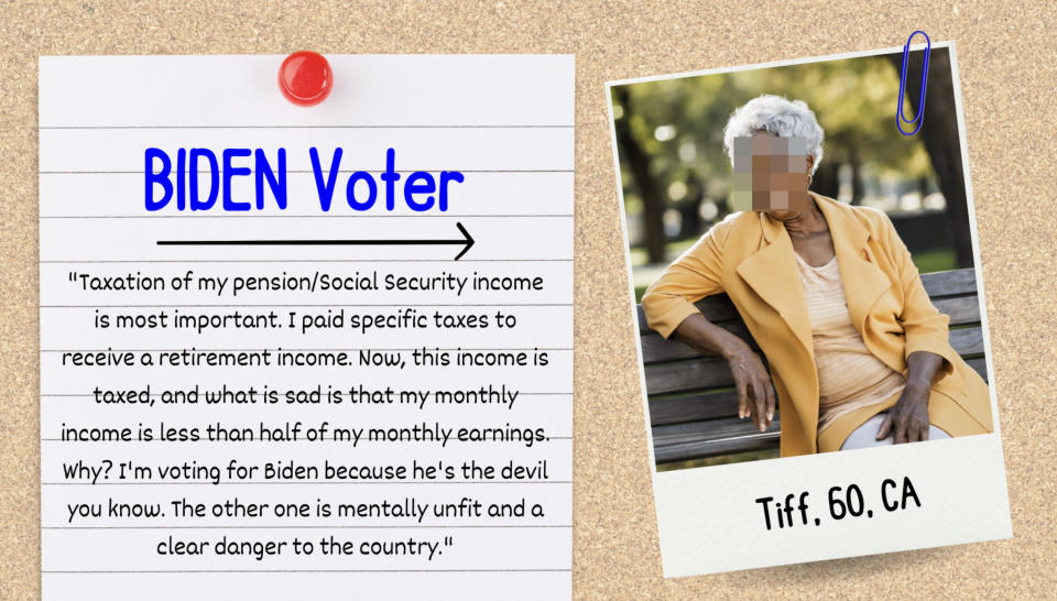 Voter diary from a voter who supports Biden with their pension and Social Security cited as their most important issue