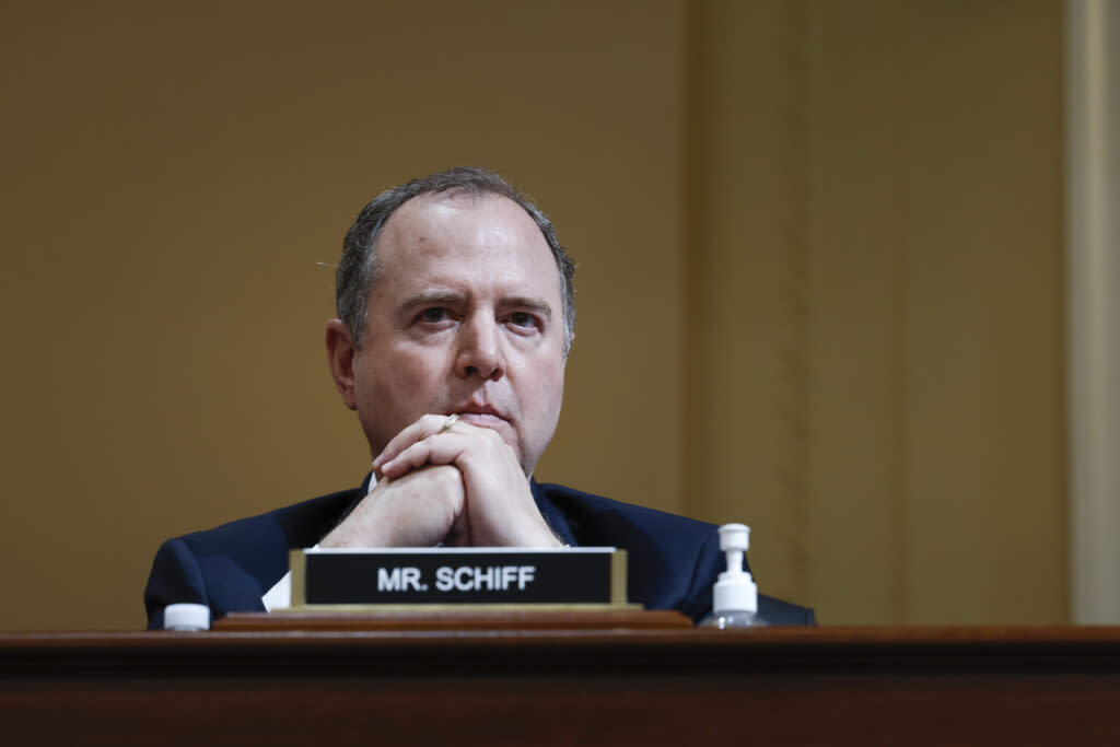 U.S. Rep. Adam Schiff listens during the third hearing by the Select Committee to Investigate the Jan. 6, 2021, attack on the U.S. Capitol in the Cannon House Office Building on June 16, 2022, in Washington, D.C.