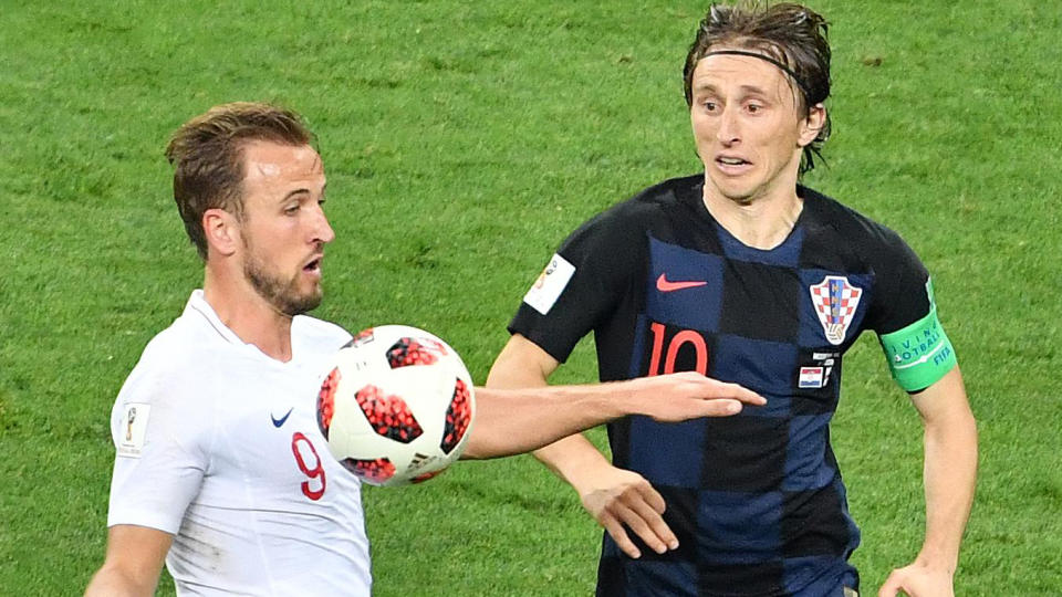 MOSCOW, RUSSIA – JULY 11: Harry Kane #9 of England stops the ball during the 2018 FIFA World Cup Russia semi final match between Croatia and England at the Luzhniki Stadium on July 11, 2018 in Moscow, Russia. (Photo by Mao Jianjun/China News Service/VCG)