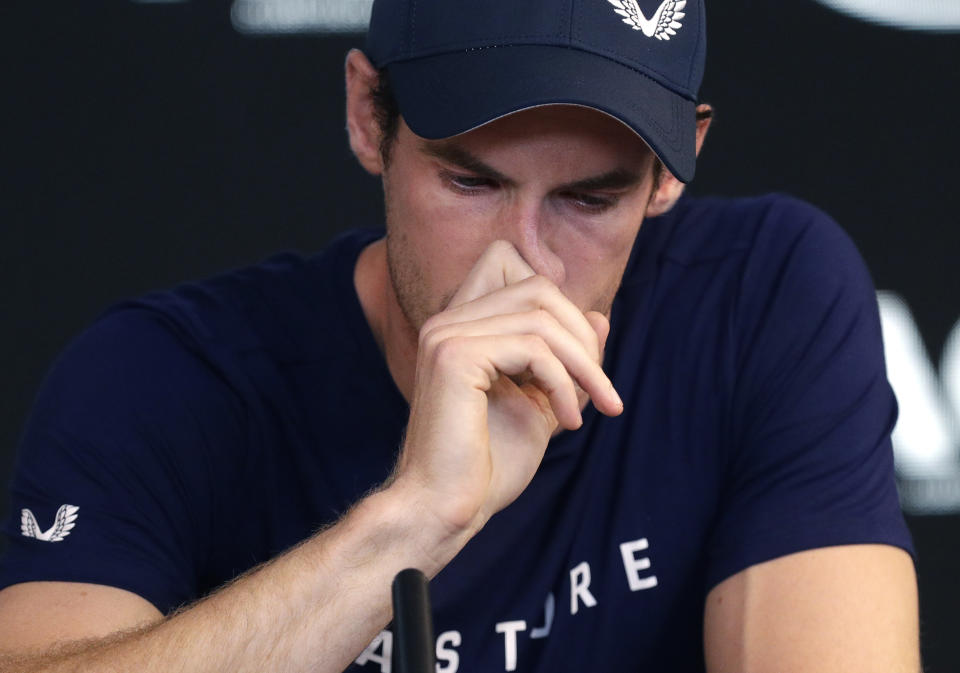 Britain's Andy Murray reacts during a press conference at the Australian Open tennis championships in Melbourne, Australia, Friday, Jan. 11, 2019. A tearful Murray says the Australian Open could be his last tournament because of a hip injury that has hampered him for almost two years.(AP Photo/Mark Baker)