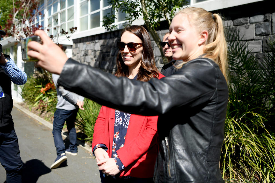 AUCKLAND, NEW ZEALAND - OCTOBER 03: New Zealand Prime Minister Jacinda Ardern poses for a photo after voting at the Mt Eden War Memorial Hall on October 03, 2020 in Auckland, New Zealand. The 2020 New Zealand General Election was originally due to be held on Saturday 19 September but was delayed due to the re-emergence of COVID-19 in the community. (Photo by Hannah Peters/Getty Images)