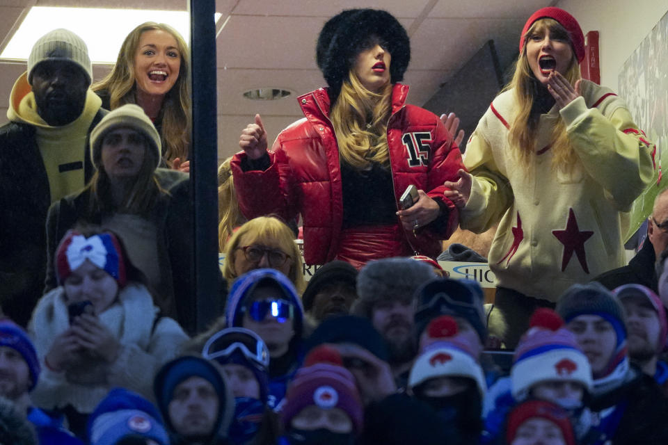 Taylor Swift, right, and Brittany Mahomes, second from right, react during the third quarter of an NFL AFC division playoff football game between the Buffalo Bills and the Kansas City Chiefs, Sunday, Jan. 21, 2024, in Orchard Park, N.Y. (AP Photo/Frank Franklin II)