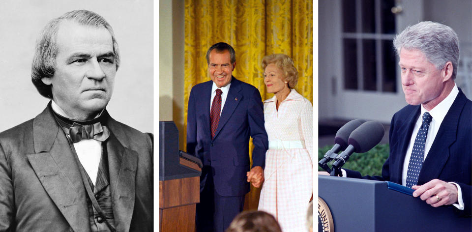 At left: President Andrew Johnson. Center: President Richard Nixon addresses his White House staff for the last time before resigning the presidency on August 9, 1974. Right: President Bill Clinton makes a short statement after the Senate acquits him of impeachment charges in the Rose Garden on February 12, 1999.