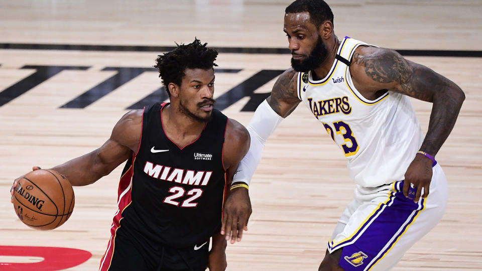 Miami forward Jimmy Butler powered the Heat past LeBron James and the LA Lakers to reduce their series lead to 2-1. (Photo by Douglas P. DeFelice/Getty Images)