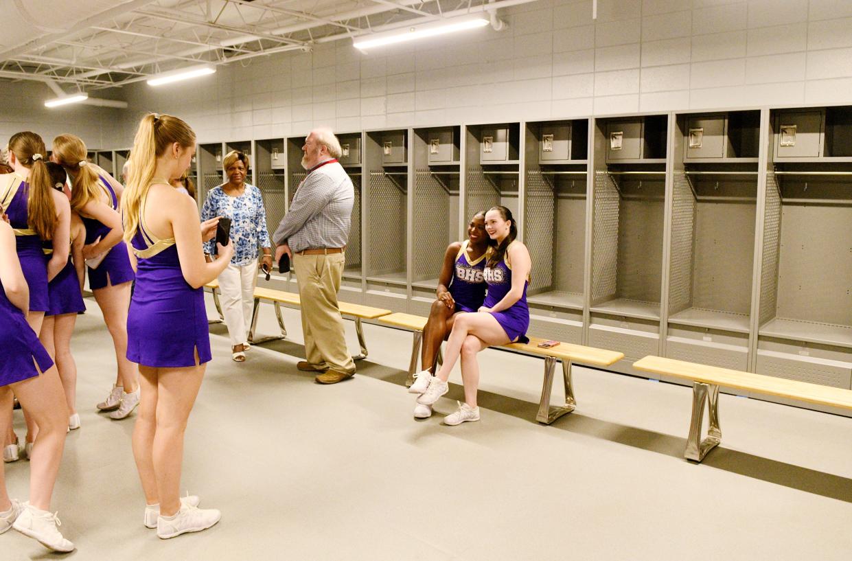 People check out the new locker room during the ribbon cutting ceremony of the Lee Hedges Stadium renovations Thursday morning, May 9, 2024.