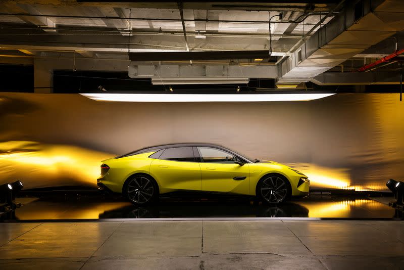 British sports car maker Lotus unveils its new fully-electric "Emeya" Hyper-GT in New York City