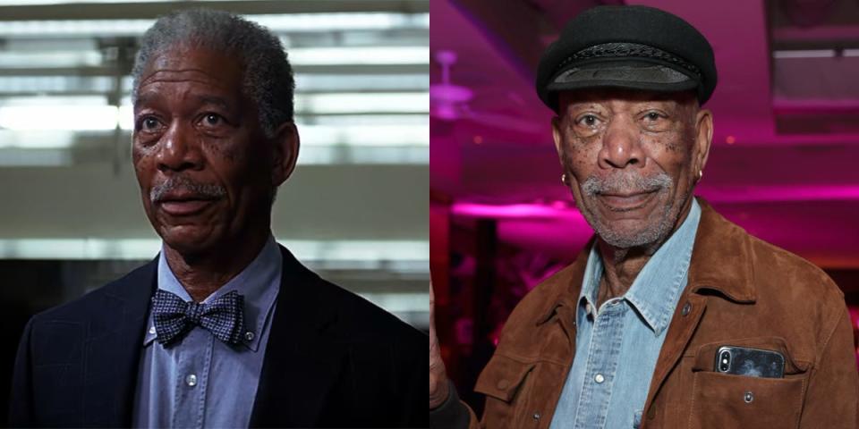 A side by side of Morgan Freeman as Lucius Fox in "The Dark Knight" and now.