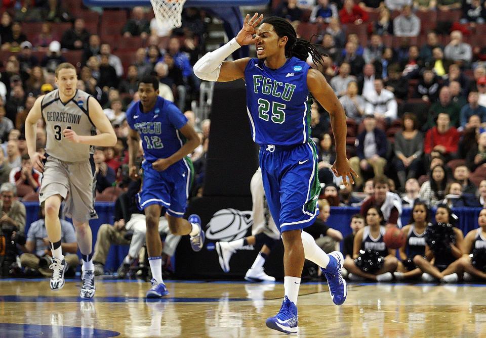 FGCU's Sherwood Brown celebrates making a 3-point shot against Georgetown at the Wells Fargo Center in Philadelphia on March 22, 2013.