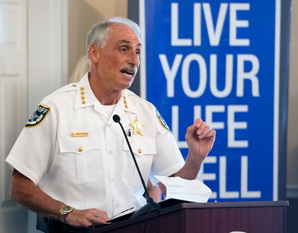 Volusia County Sheriff Mike Chitwood discusses the growing opioid epidemic at a lunchtime forum hosted by the Port Orange South Daytona Chamber of Commerce at Riverside Pavilion in Port Orange on Thursday, April 11, 2024.