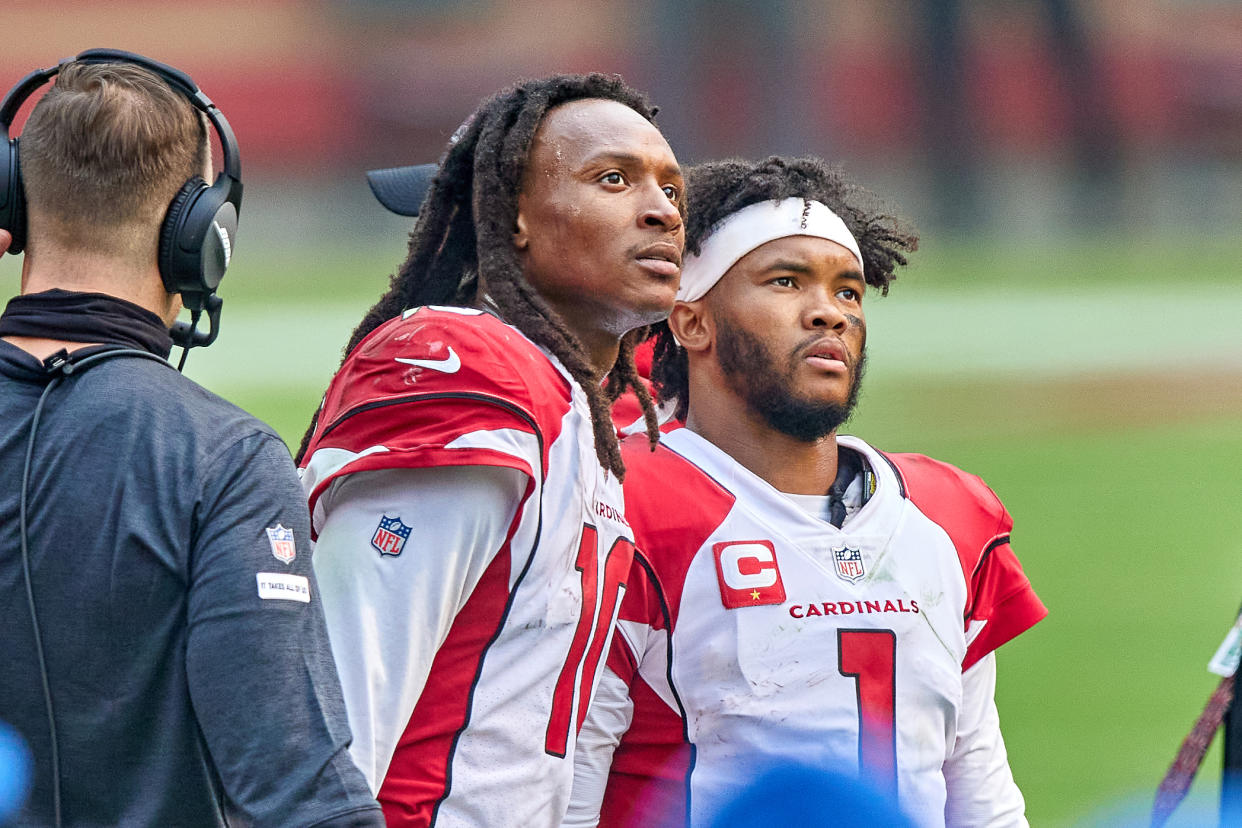 SAN FRANCISCO, CA - SEPTEMBER 13: Arizona Cardinals quarterback Kyler Murray (1) and Arizona Cardinals wide receiver DeAndre Hopkins (10) look on during the NFL game between the San Francisco 49ers and the Arizona Cardinals on September 13, 2020, at Levi's Stadium in Santa Clara, California. (Photo by MSA/Icon Sportswire via Getty Images)