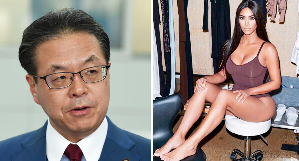 Kim Kardashian (right) and Japanese Trade Minister Hiroshige Seko. [Photo: Twitter/Getty]