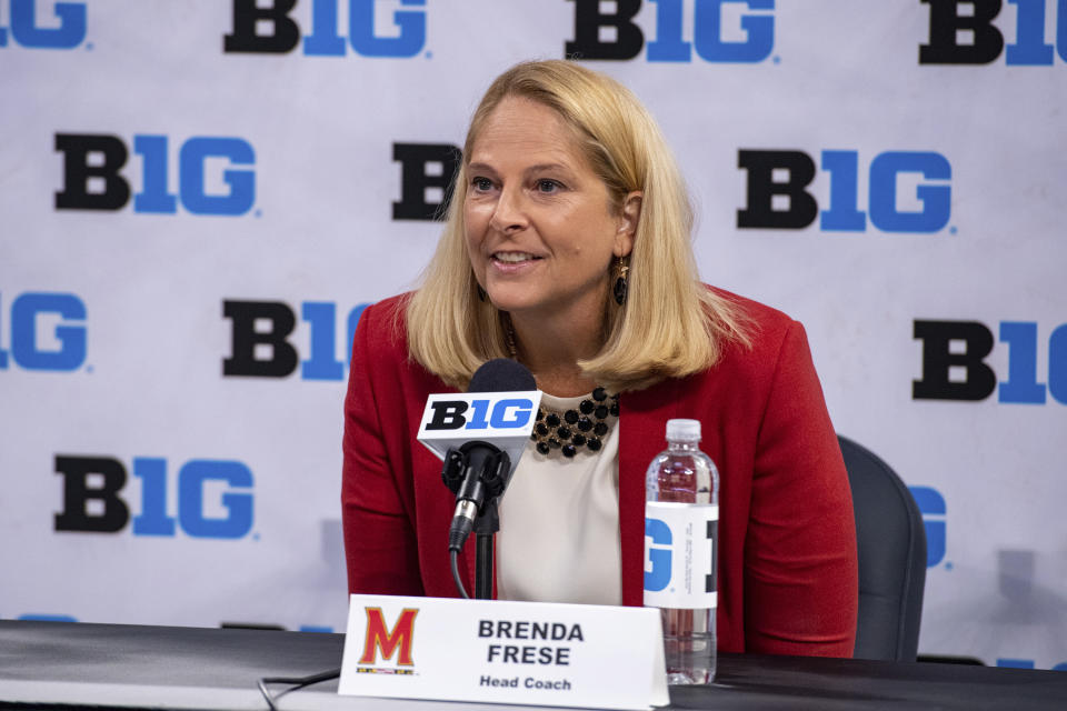 FILE - Maryland women's head coach Brenda Frese addresses the media during the first day of the Big Ten NCAA college basketball media days, Thursday, Oct. 7, 2021, in Indianapolis. No. 4 Maryland is the Big Ten’s top-ranked women’s basketball team. (AP Photo/Doug McSchooler, File)