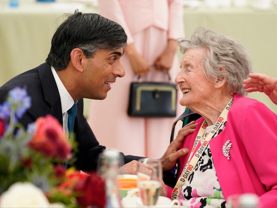 Prime Minister Rishi Sunak meets 100-year-old Wren veteran Marjorie Hutchens during a lunch for veterans and VIPs (Andrew Matthews/PA Wire)