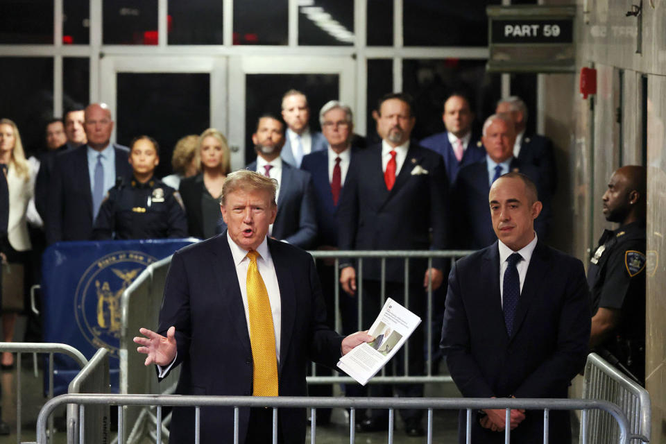 Donald Trump speaks to reporters at Manhattan Criminal Court.  (Michael M. Santiago / Getty Images)