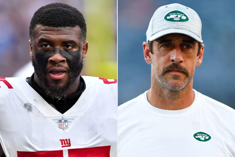 <p>Vincent Mignott/DeFodi Images via Getty,  Rich Graessle/Icon Sportswire via Getty</p> Jihad Ward and Aaron Rodgers.