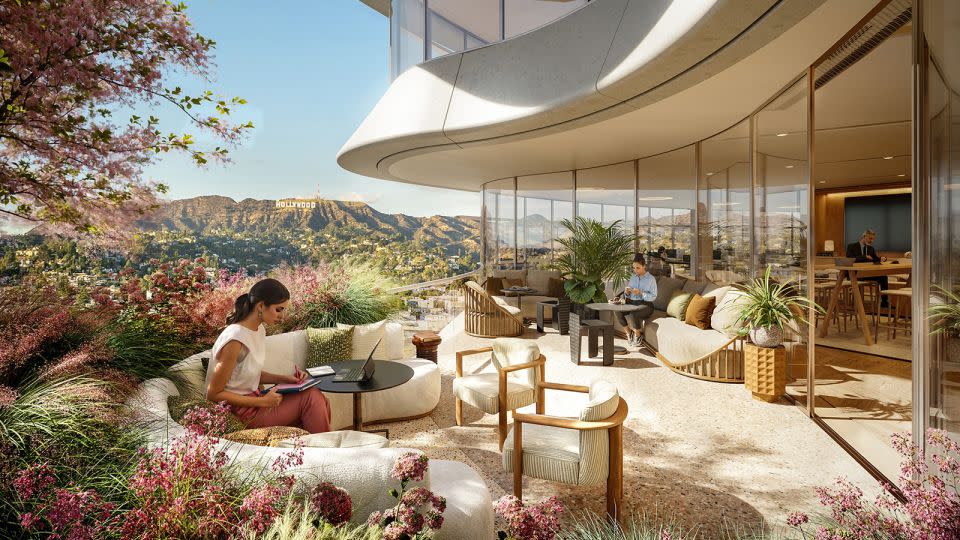 A digital rendering shows an outdoor deck with views over the Hollywood Hills and the landmark Hollywood sign. - Foster + Partners