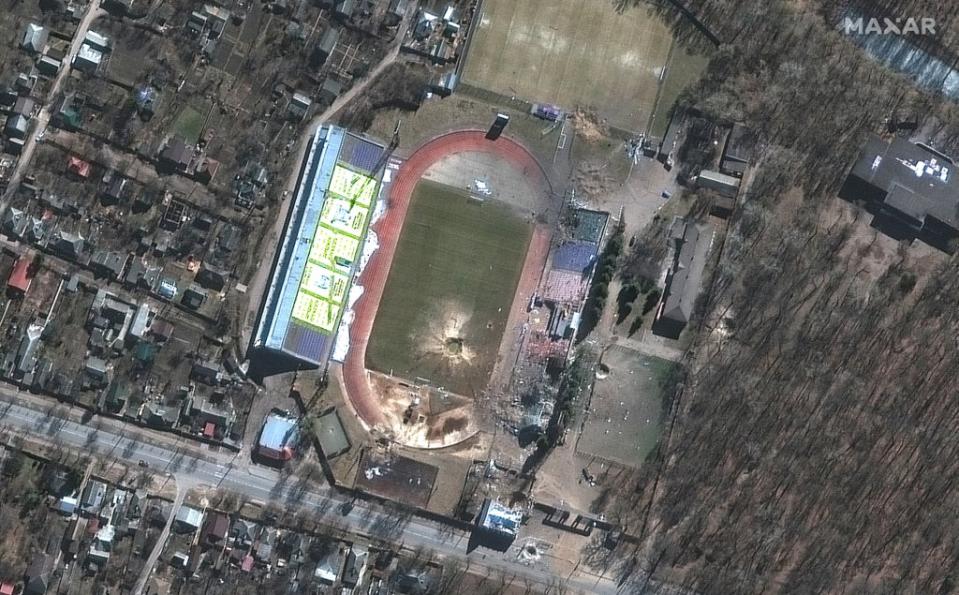 Damage to an athletics track in Chernihiv, captured on March 16 (Satellite image ©2022 Maxar Technologies/PA)
