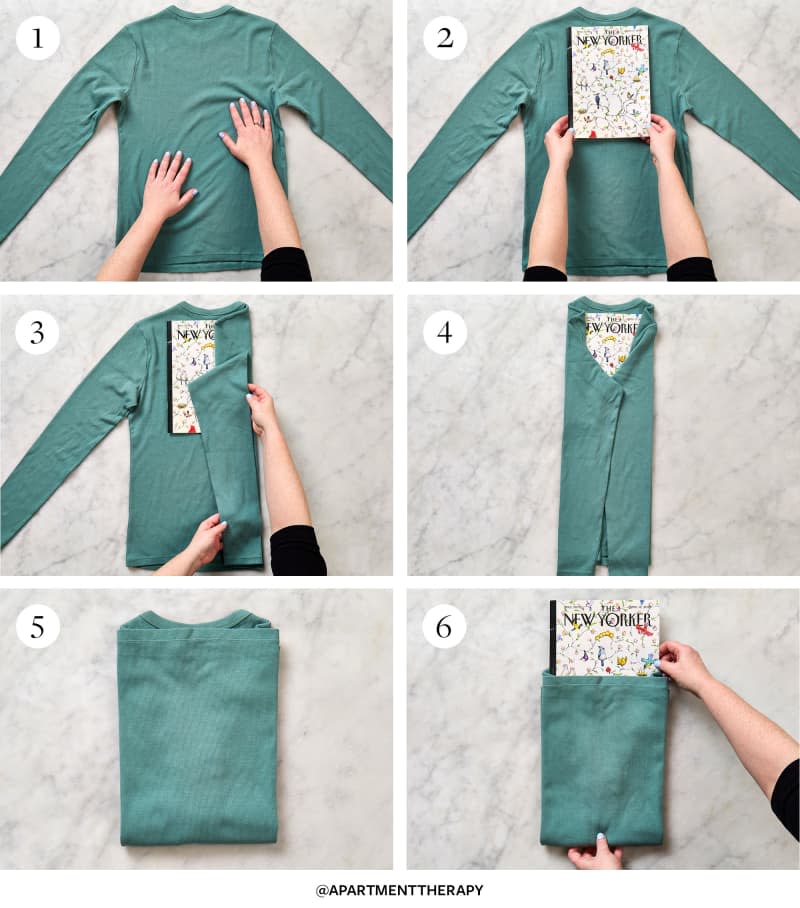 6 steps showing how to fold a shirt: store method