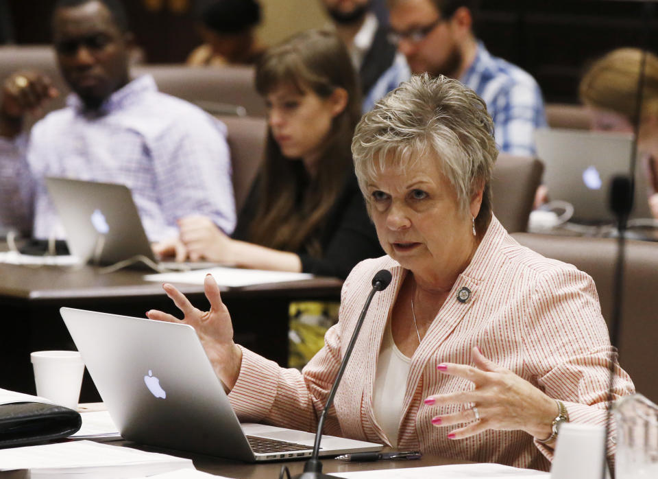 FILE - Oklahoma state Sen. Julie Daniels, R-Bartlesville, is pictured at the state Capitol in Oklahoma City on July 25, 2018. A bill that would make it a felony punishable by up to 10 years in prison for a medical professional to provide gender affirming medical treatment for those under the age of 18 cleared its first legislative hurdle on Wednesday, Feb. 8, 2023. (AP Photo/Sue Ogrocki, File)