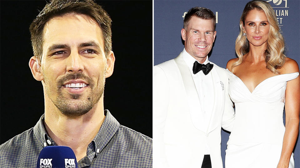 Mitchell Johnson, pictured here alongside David and Candice Warner.