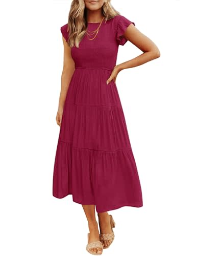 ZESICA Women's 2024 Summer Casual Flutter Short Sleeve Crew Neck Smocked Elastic Waist Tiered Midi Dress,Plum,Small